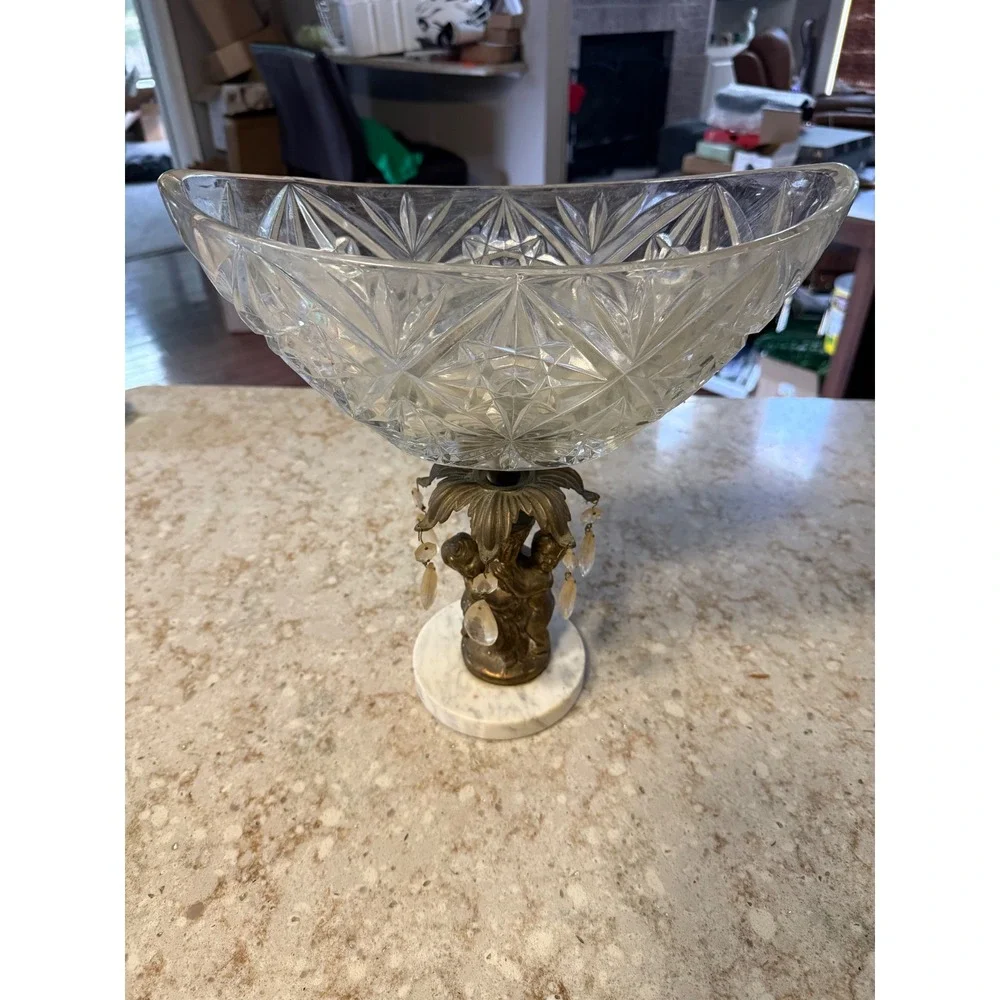 Vintage Cherub Centerpiece‎ Compote Cut Glass Bowl Brass Marble Base Prisms